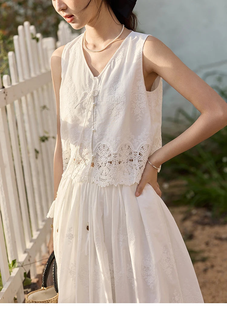 Mishow Embroidery V-Neck Lace Up Top & Elastic Waist Skirt Set MXE33T0593