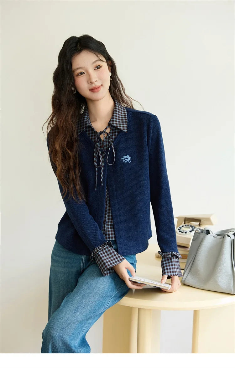 MISHOW Fake Two Knitted Sweater Plaid Splicing Flare Sleeve MXE45Z1401