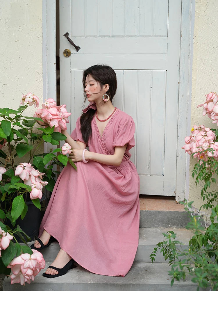 Mishow V-Neck Puff Sleeve Pocket Sash Dress MXE39L2381