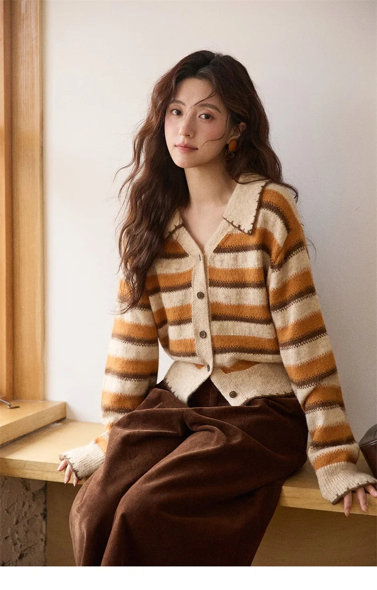 Mishow Retro Striped V-Neck Wool Cardigan MXE87Z2681