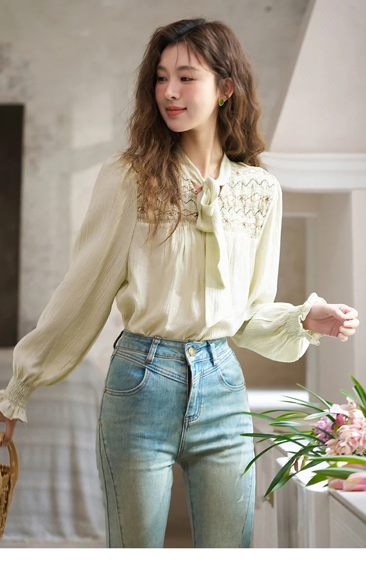 MISHOW Ribbon Collar Shirt Sweet Cuffs Pleated Embroidered Petal Sleeve MXD14C0226