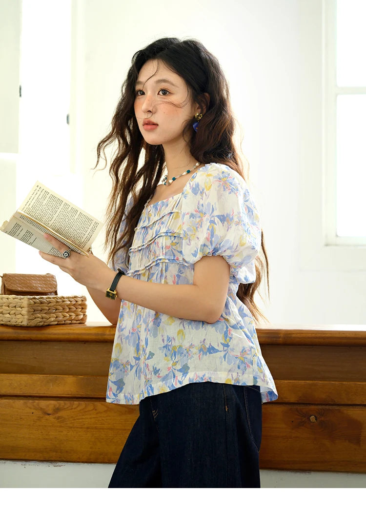 MISHOW Square Neck Puff Sleeve Blouse Print Top MXE39X1937