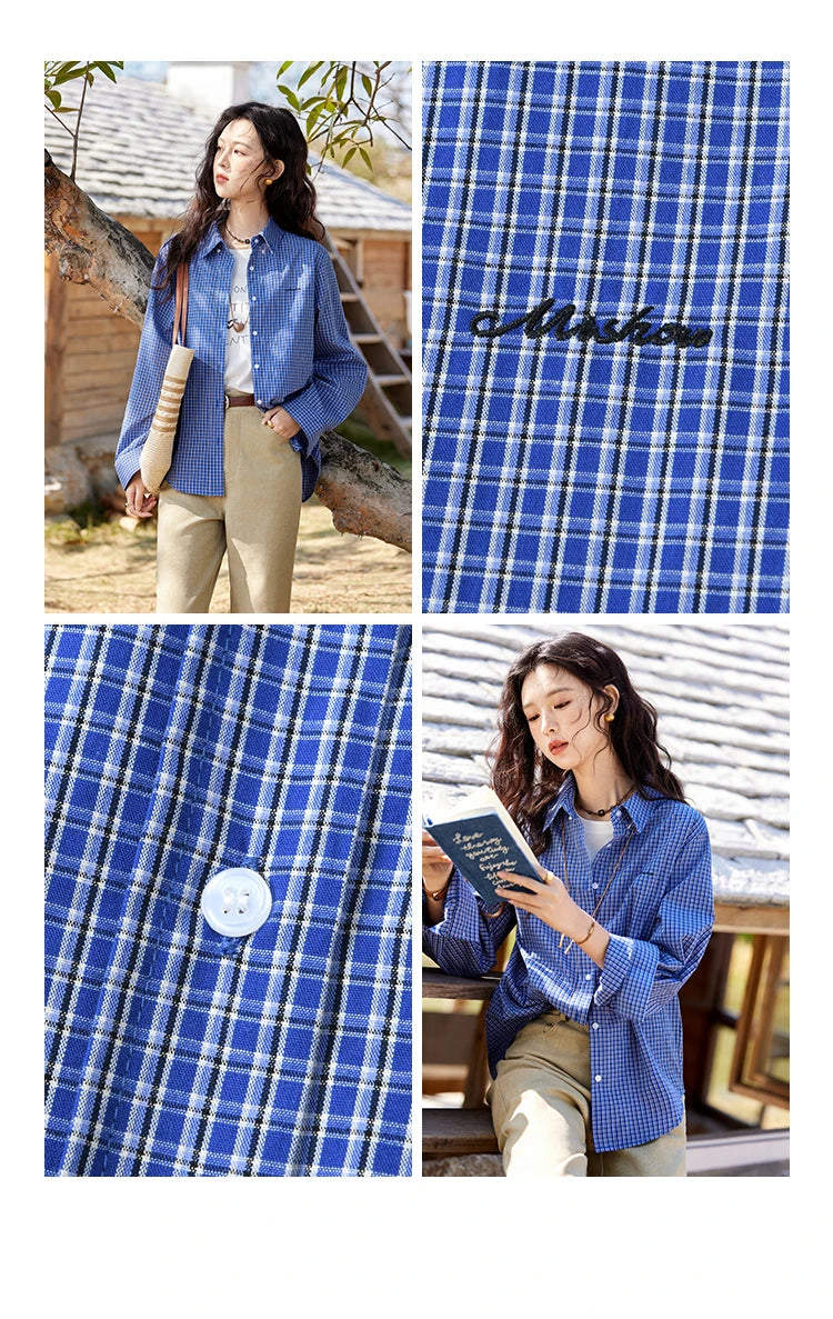 MISHOW Retro Blue Checkered Shirt Lapel Cotton Loose MXE11C0398