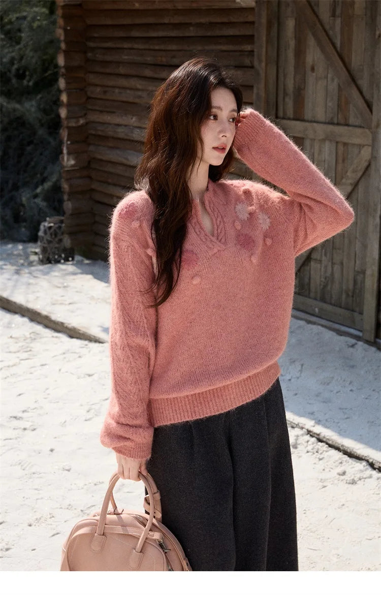 Mishow Raspberry Pink Floral Pom-Pom V-Neck Sweater MXE86Z2740