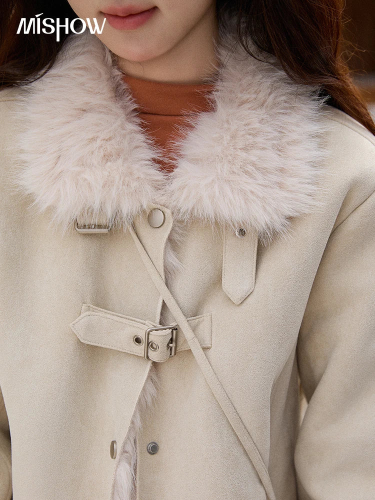 Mishow Faux Fur Lapel Short Coat with Plush Bag MXE91W1000
