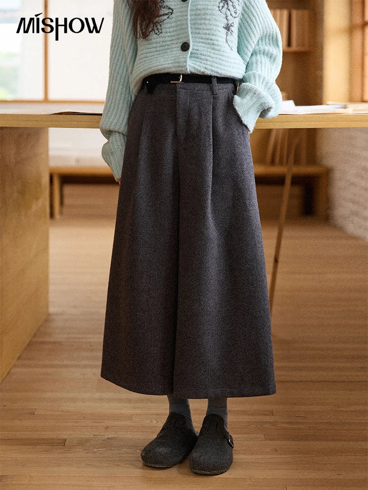 MISHOW Gray Wool Wide-Leg Pants High-Waisted Cropped MXE90K1128