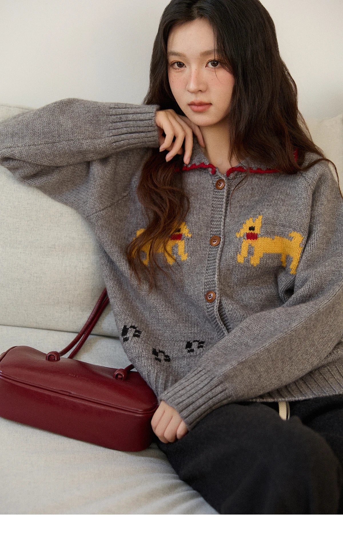 Mishow Dog Cartoon Jacquard Turn-Down Cardigan MXE86Z2727