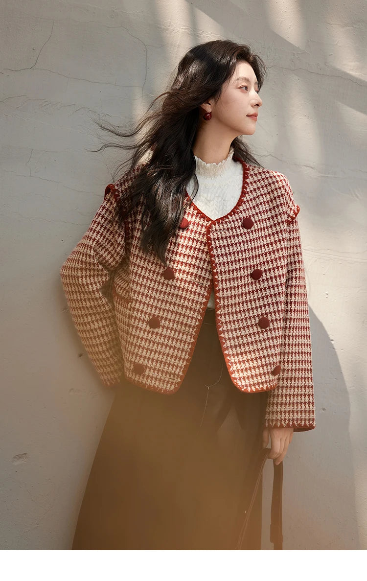 Mishow Red Plaid Double Breasted Tweed Jacket MXD56W0631