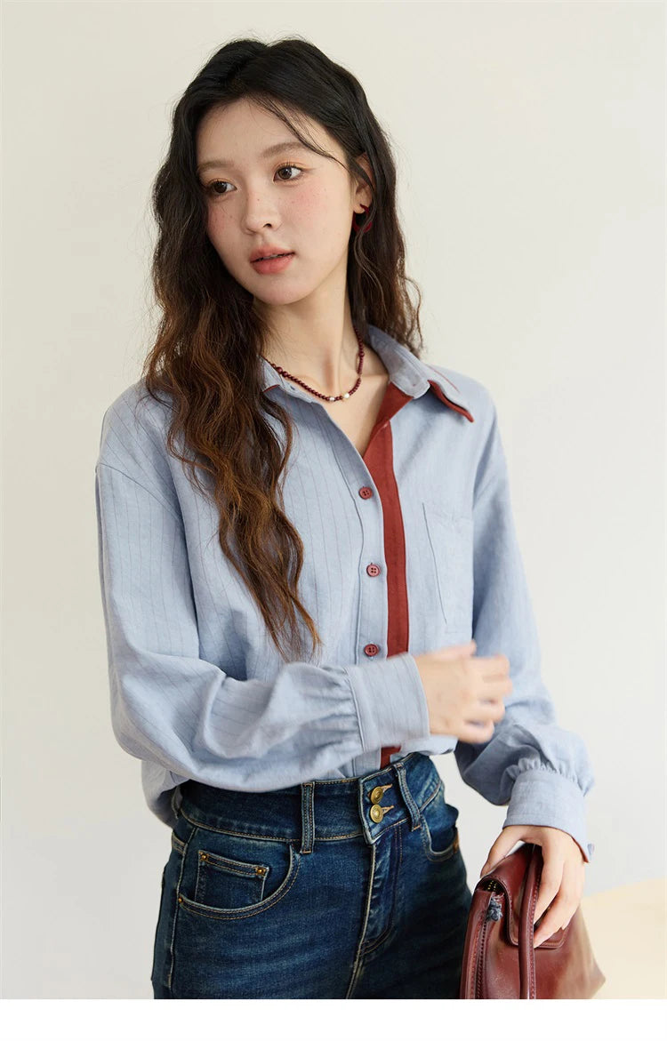 MISHOW Blue Red Striped Shirt Contrast Splicing Lapel MXE46C2405