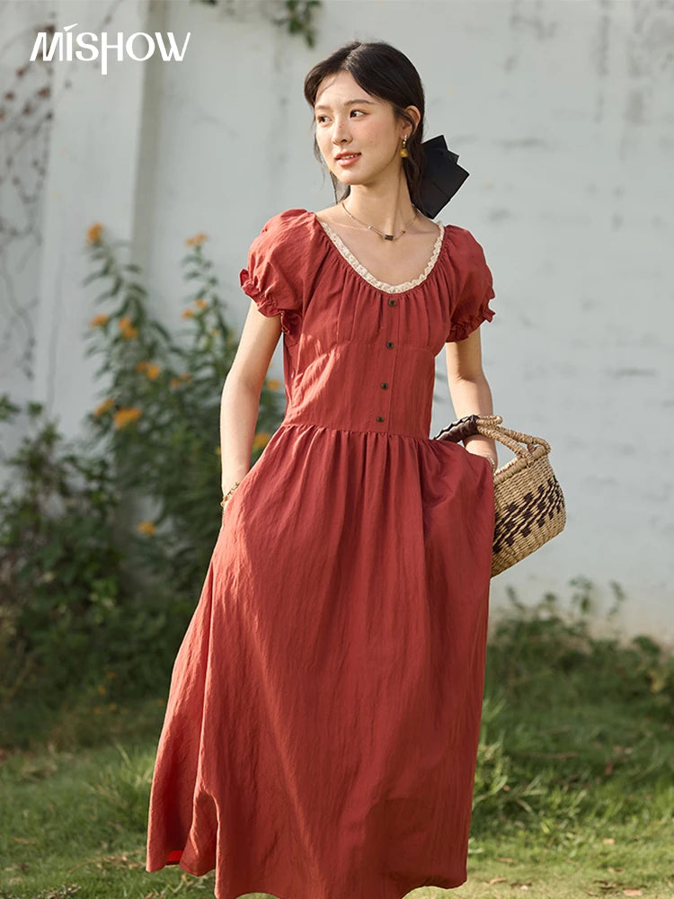 Mishow French Puff Sleeve Lace Neck Long Dress MXE35L2297