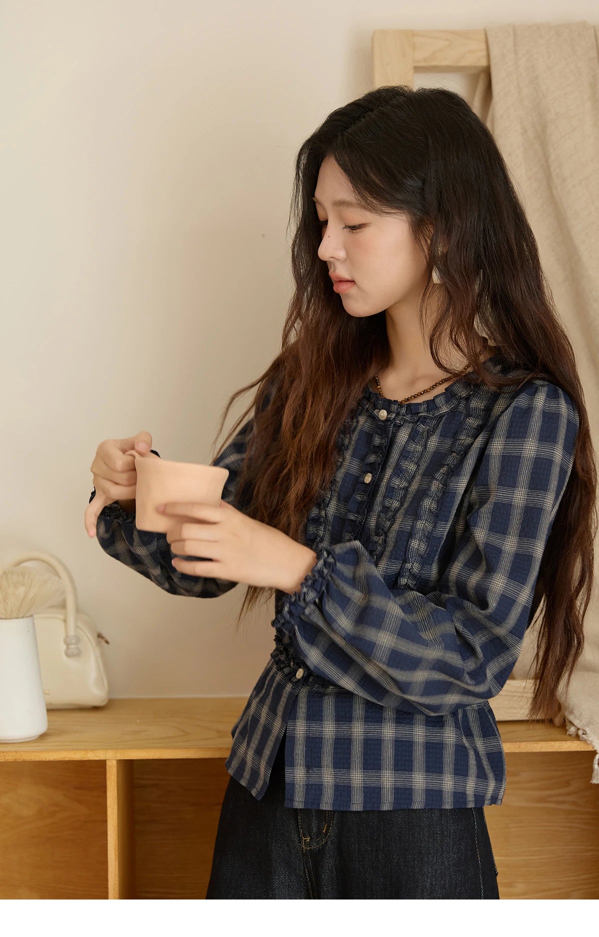 MISHOW Vintage Blue Plaid Shirt Round Neck Loose MXE45X2480