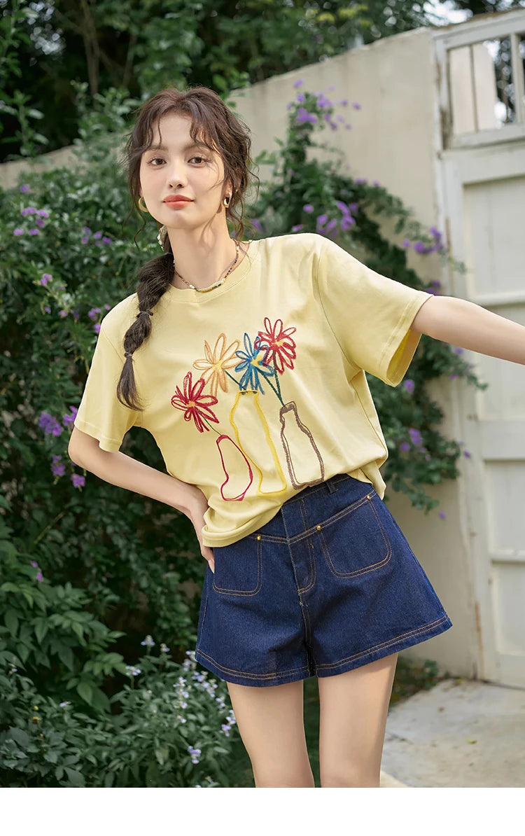 Mishow Embroidered Flower Pocket Wide Leg Denim Shorts MXD26K0707