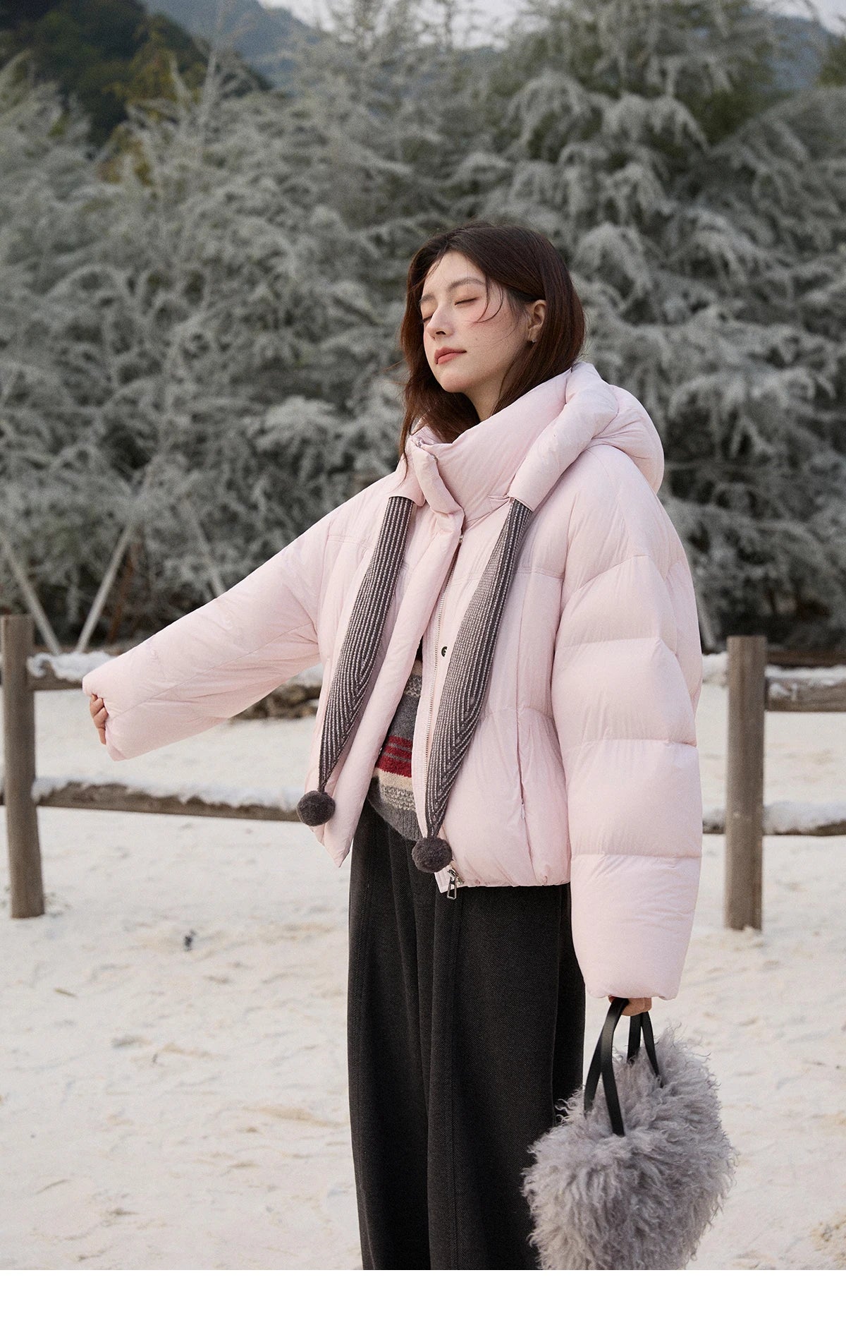 Mishow Pom-Pom Hooded Sweet Down Jacket MXE92Y0088
