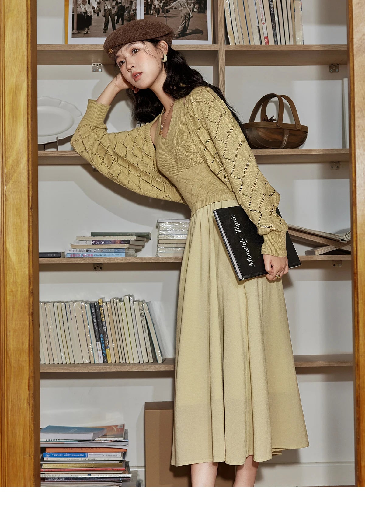 Mishow Hanging Neck Dress & Hollow Knit Cardigan Set MPD42L2040