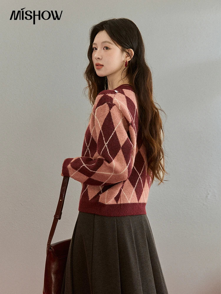Mishow Retro Diamond Grid Contrast Cardigan MXE91Z2773
