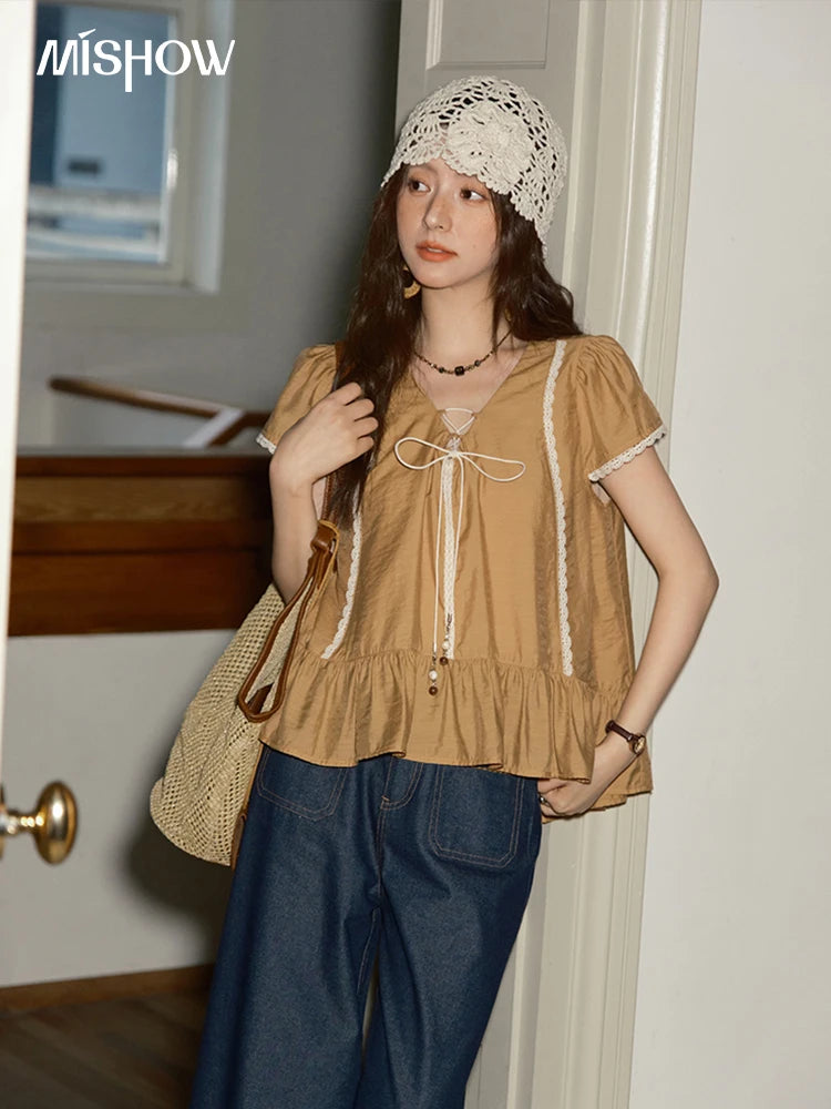 MISHOW V-Neck Puff Sleeve Blouse Lace Up Patchwork Ruffle Edge MXE37X1852