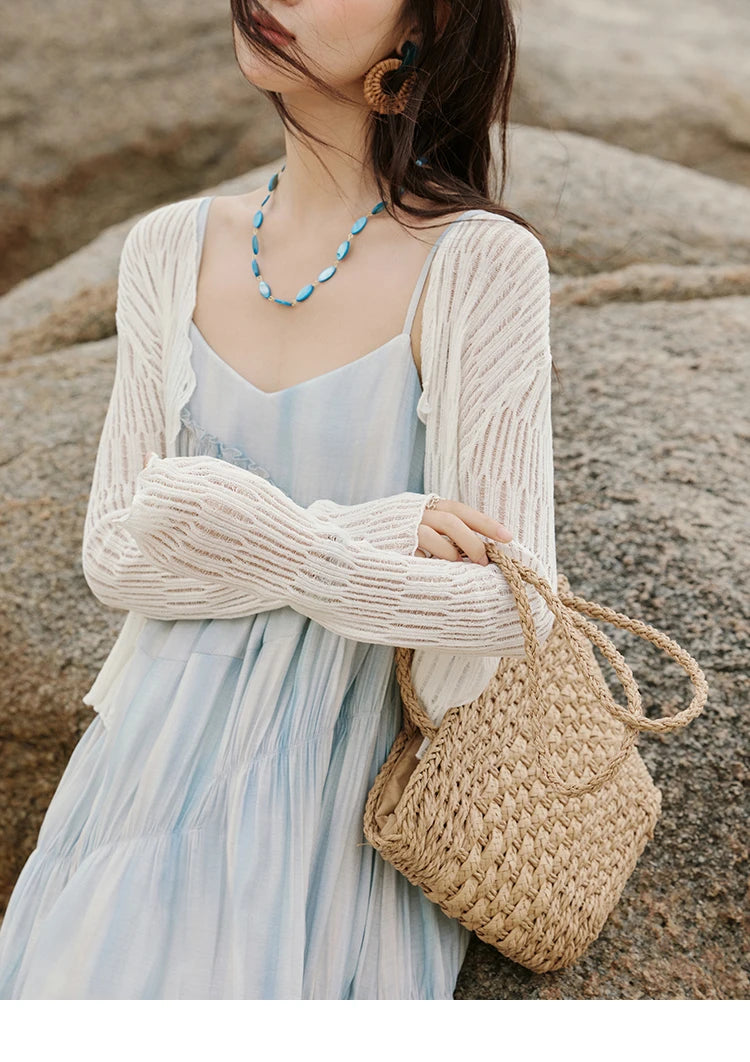 Mishow White V-Neck Slim Knit Summer Cardigan MXE16Z1193