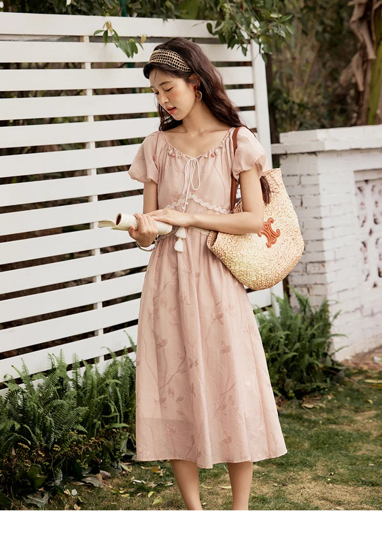 Mishow Print Beaded Neckline Puff Sleeve Dress MXE33L2208