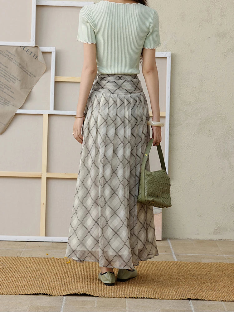 MISHOW Apricot Green Retro Plaid Skirt Pleated Chiffon High Waist A-Line MXE35B0747