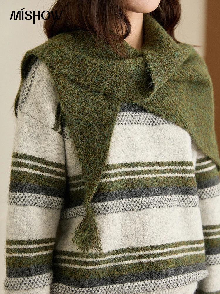 Mishow Wool Blend Retro Striped Sweater with Scarf MXE94Z2987