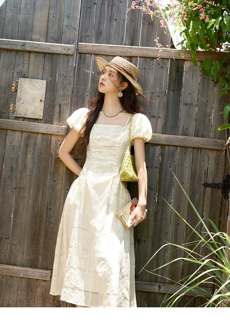 Mishow Paisley Embroidery Square Neck Puff Sleeve Dress MXE34L2265