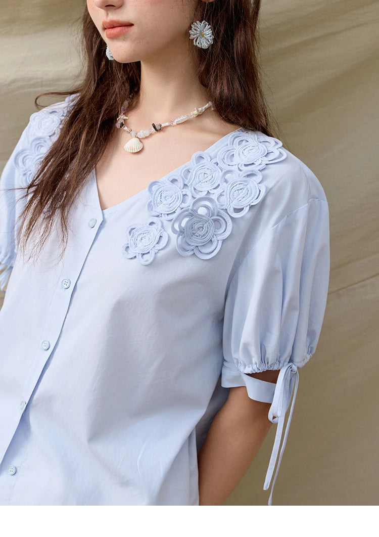 MISHOW Solid V-Neck Blouse Embroidered Loose Short Sleeve MXE31X1774