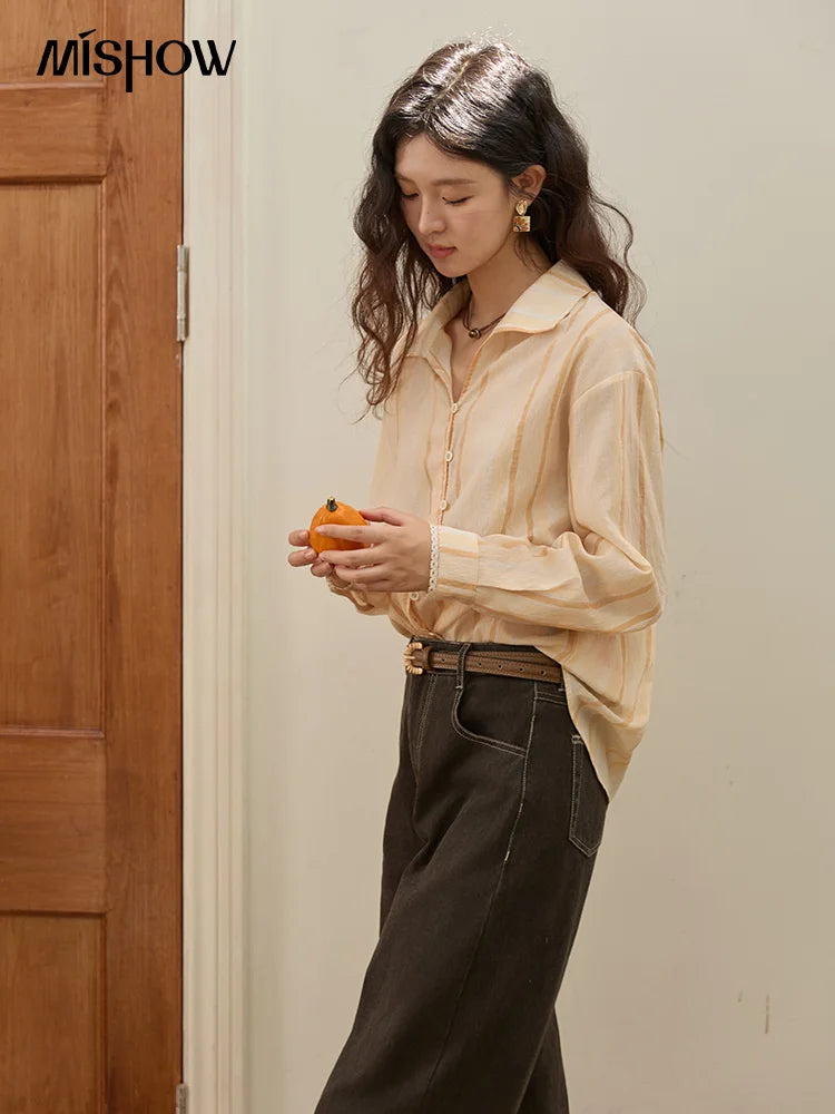 MISHOW Orange Stripe Linen Shirt Lapel Collar Lace Trim Cuffs MXE43C2379