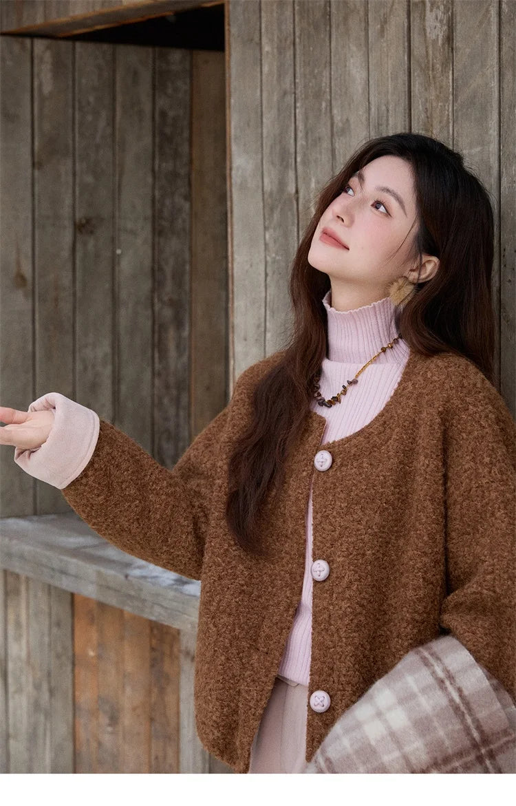MISHOW Brown Wool Quilted Coat Round Neck Short Loose MXE87W0935