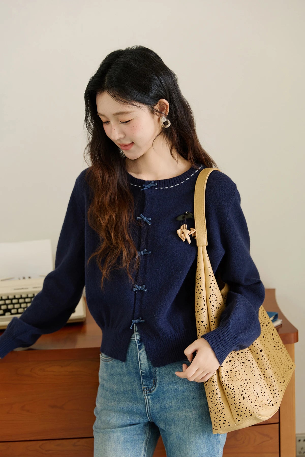 Mishow Bow Placket Lantern Sleeve Cardigan with Brooch MXE45Z1377