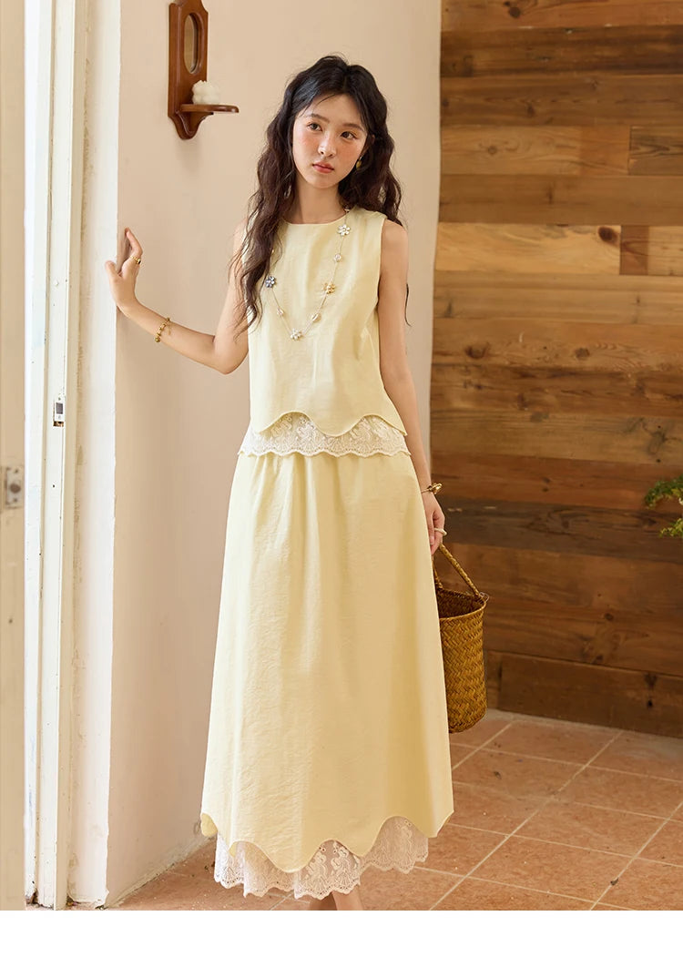 Mishow O-Neck Lace Patchwork Top & Elastic Waist Midi Skirt Set MXE36T0641