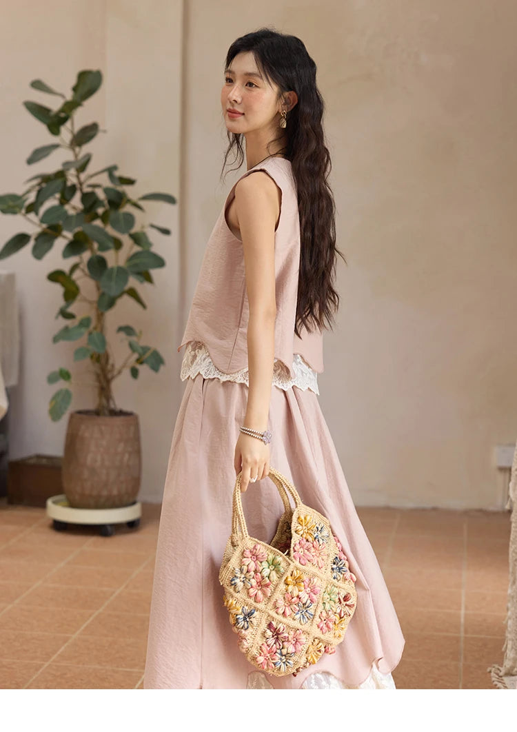 Mishow O-Neck Lace Patchwork Top & Elastic Waist Midi Skirt Set MXE36T0641