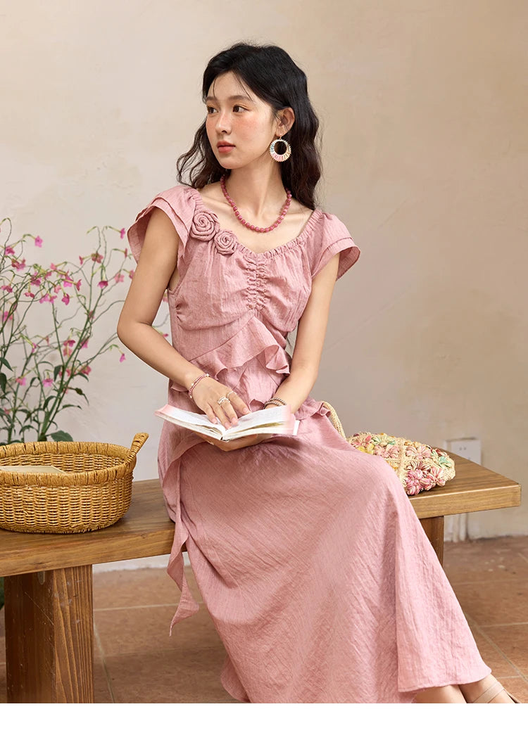 Mishow Flower Flying Sleeve V-Neck Pink Dress MXE34L2243