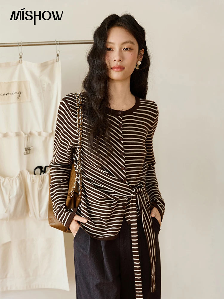 Mishow Coffee Striped Knitted Cardigan Sweater MXE46Z2537
