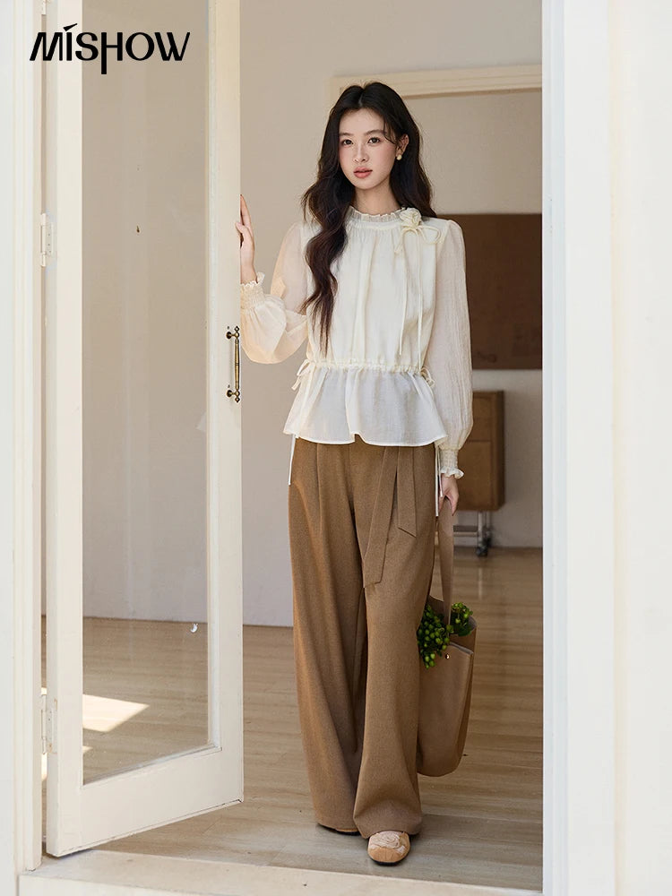 MISHOW Ruffled Stand Collar Blouse Drawstring Waist Puff Sleeve MXF11C2428