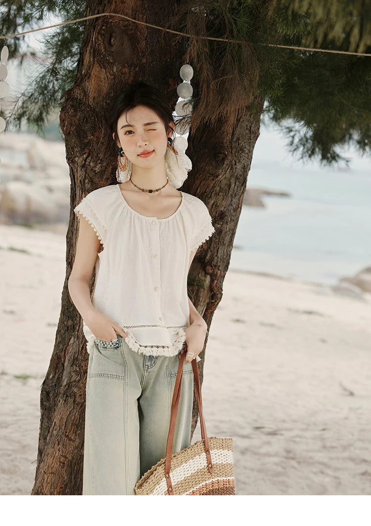 MISHOW Embroidered French Shirt Round Neck Short Sleeve MXE33X1744