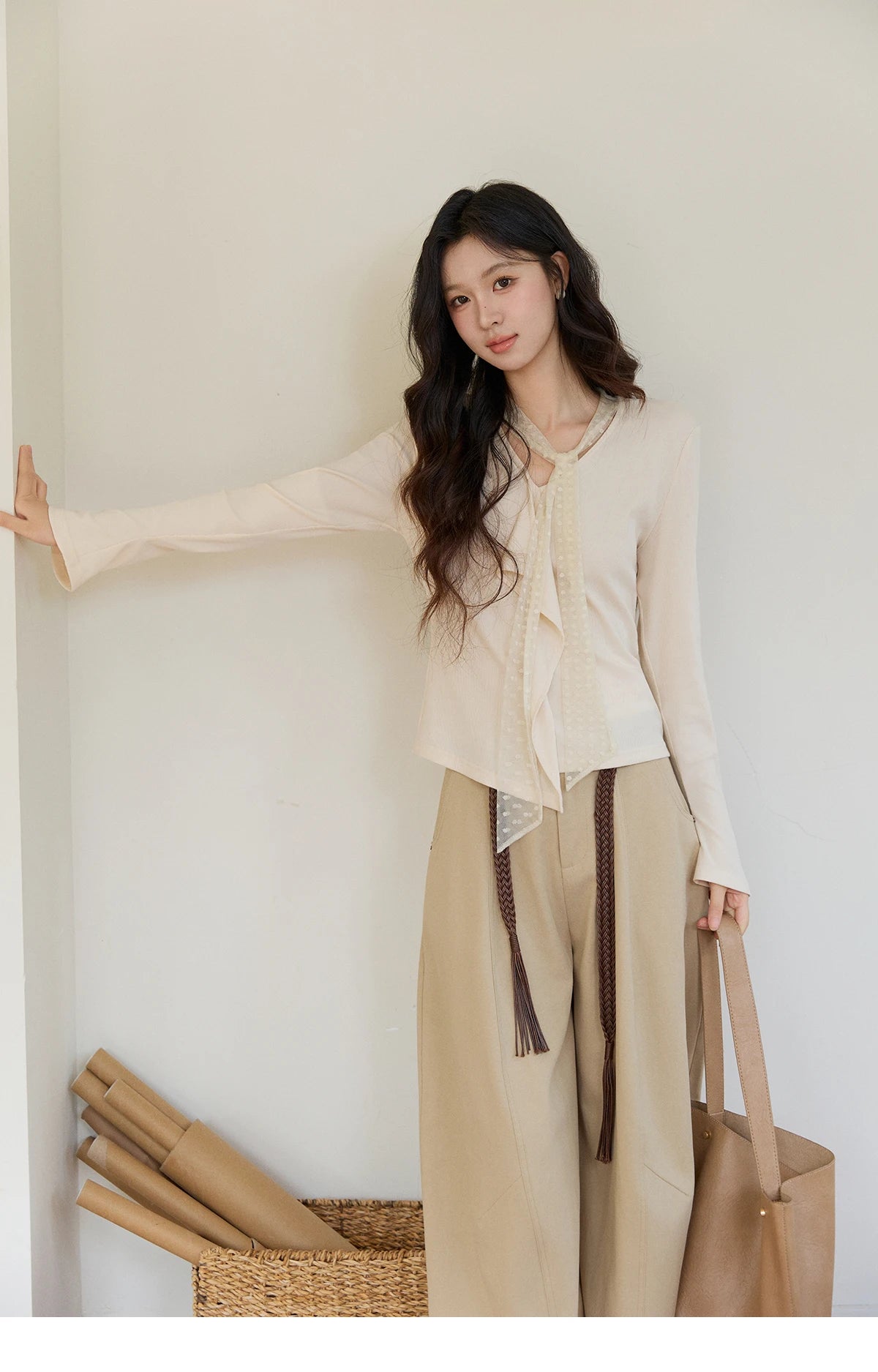 Mishow V-Neck Lace Ribbon Flare Sleeve Top MXF108Z1016