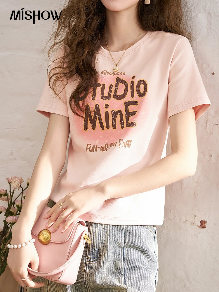 Mishow Letter Print Crew Neck Tee MXD13T0164
