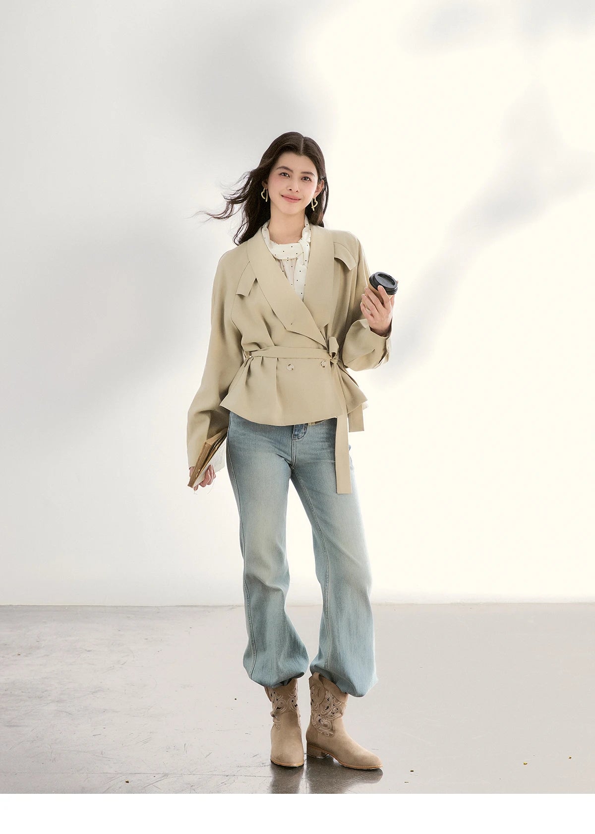 MISHOW Khaki Belted Waist Coat Lapel Double-Breasted Short MXF13W1056