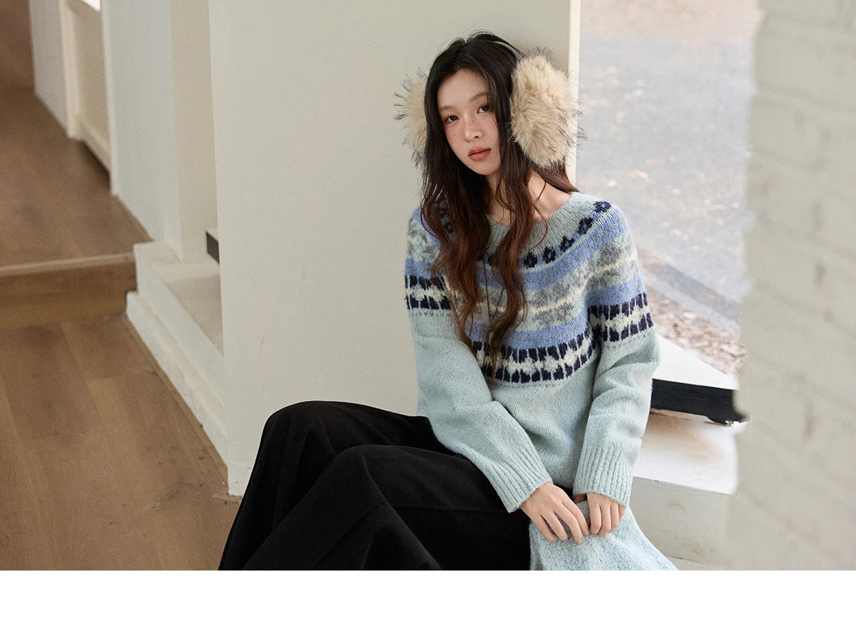 Mishow Blue Fair Isle Geometric Jacquard Pullover MXE87Z2767