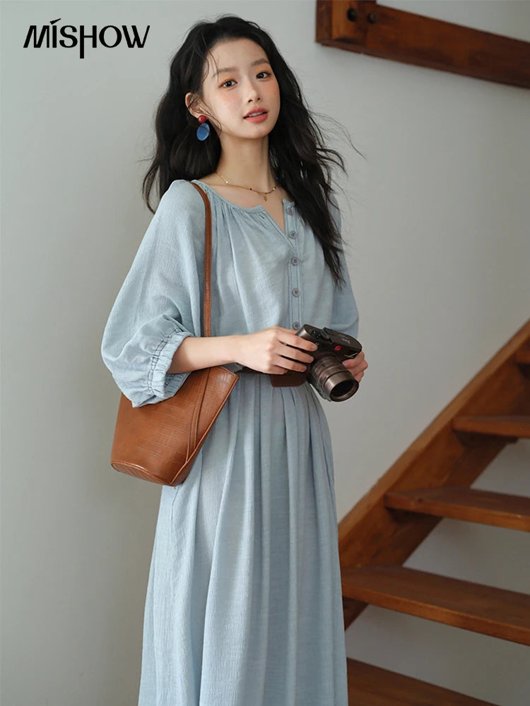 Mishow Half Sleeve Bamboo Knot Dress with Bohemian Belt MXE20L2468