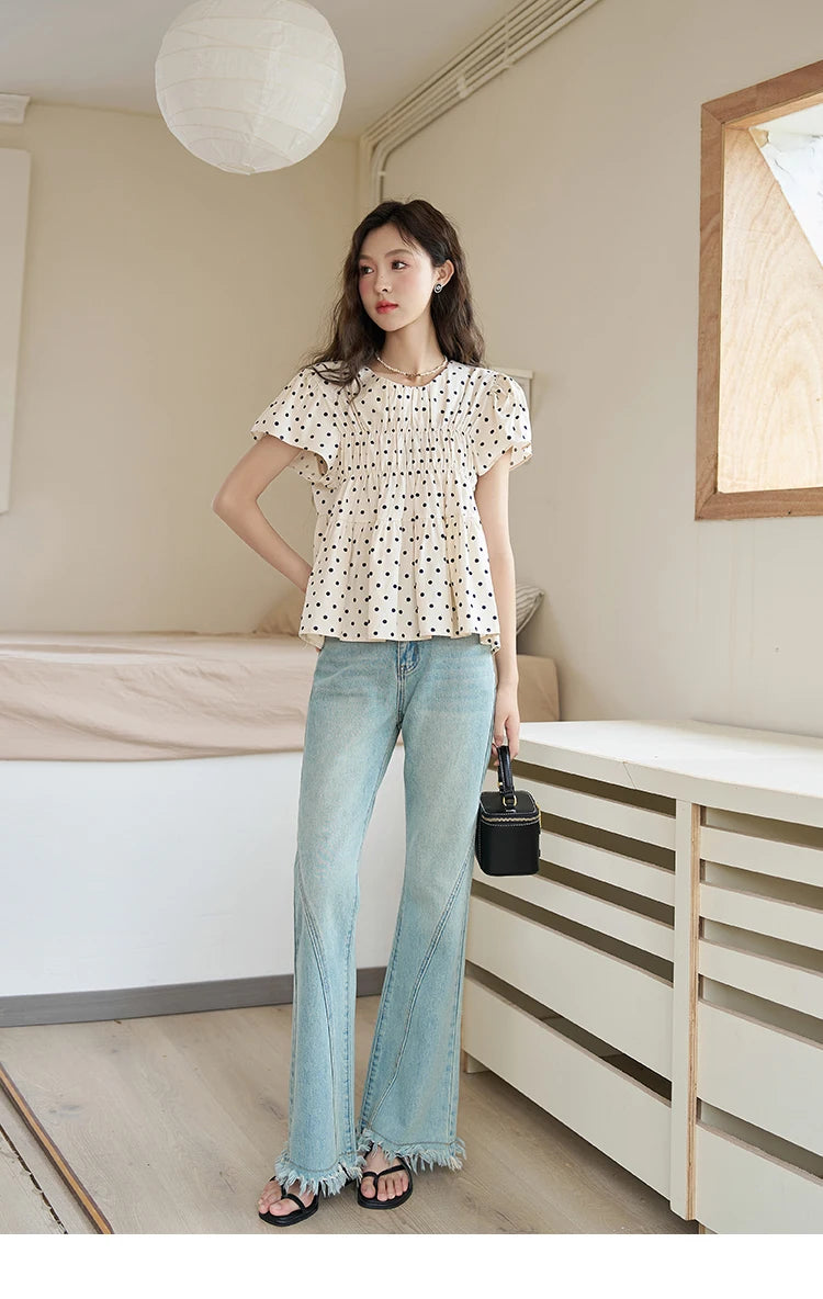 MISHOW Polka Dot Blouse Flying Sleeve O Neck Elastic Folds MXC39X1291