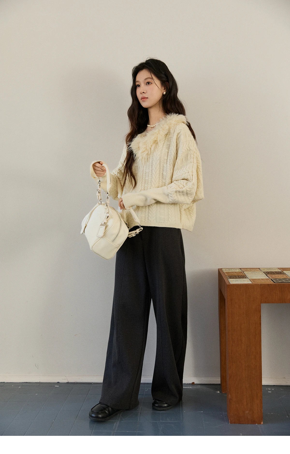 Mishow Faux Fur Collar Batwing Cable Knit Pullover MXE94Z2985