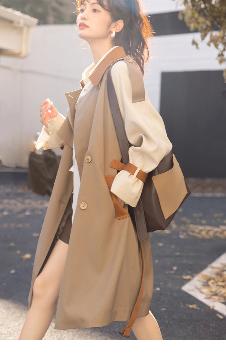 Mishow Khaki Contrast Color Spliced Trench Coat MXB31W0367