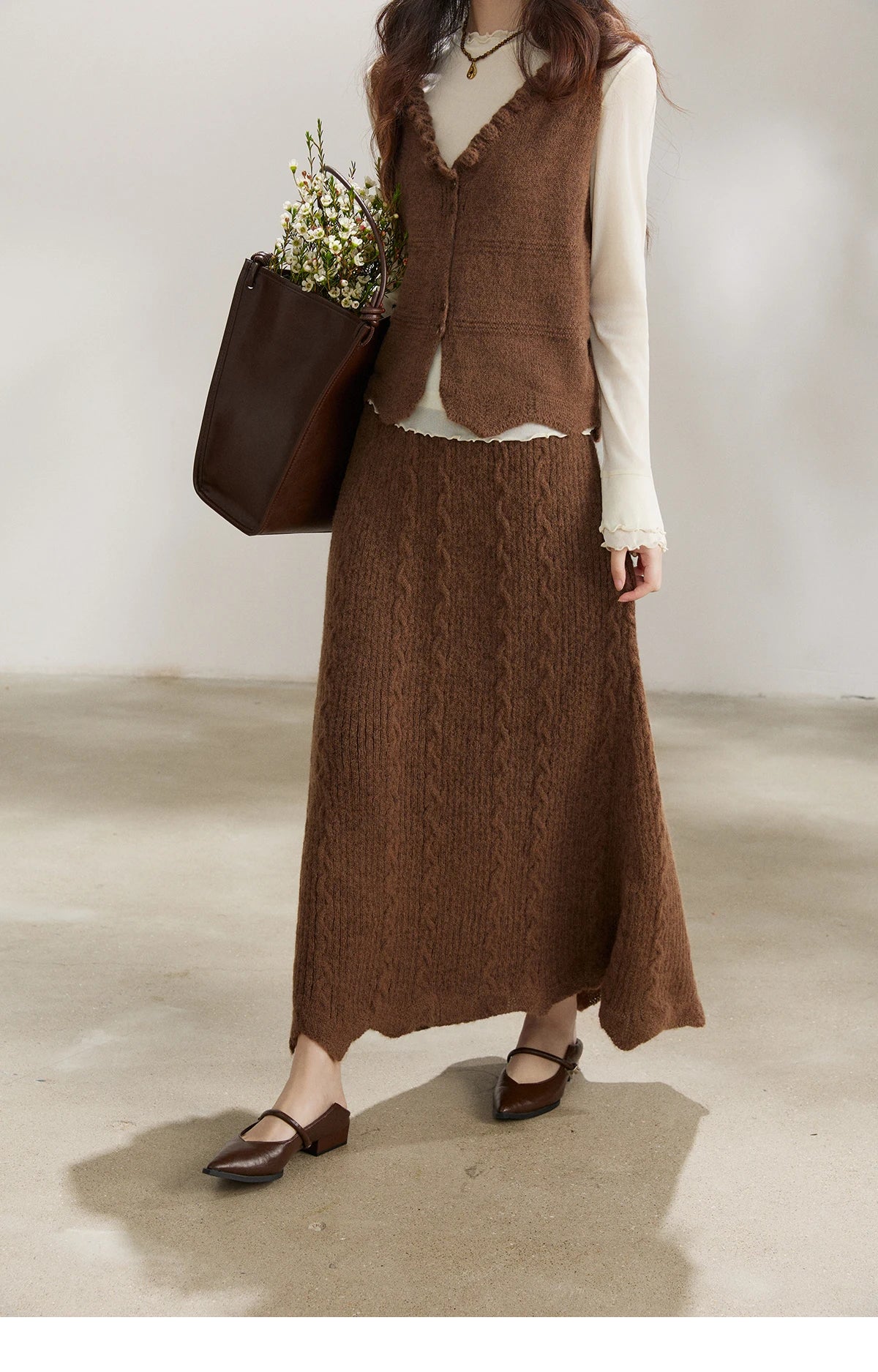 Mishow Brown Knitted Vest & Cable Knit Maxi Skirt Set MXF11T1460