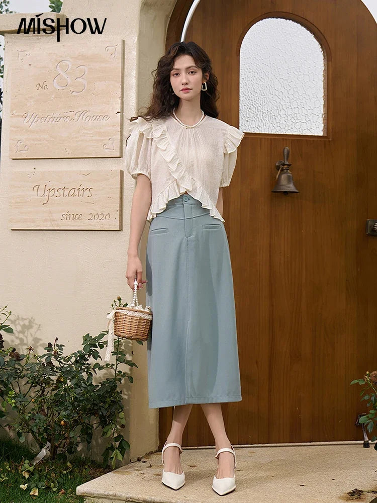 MISHOW Suit Straight Midi Skirt High Waist Slim Front Fork Rear Elastic MXC15B0026