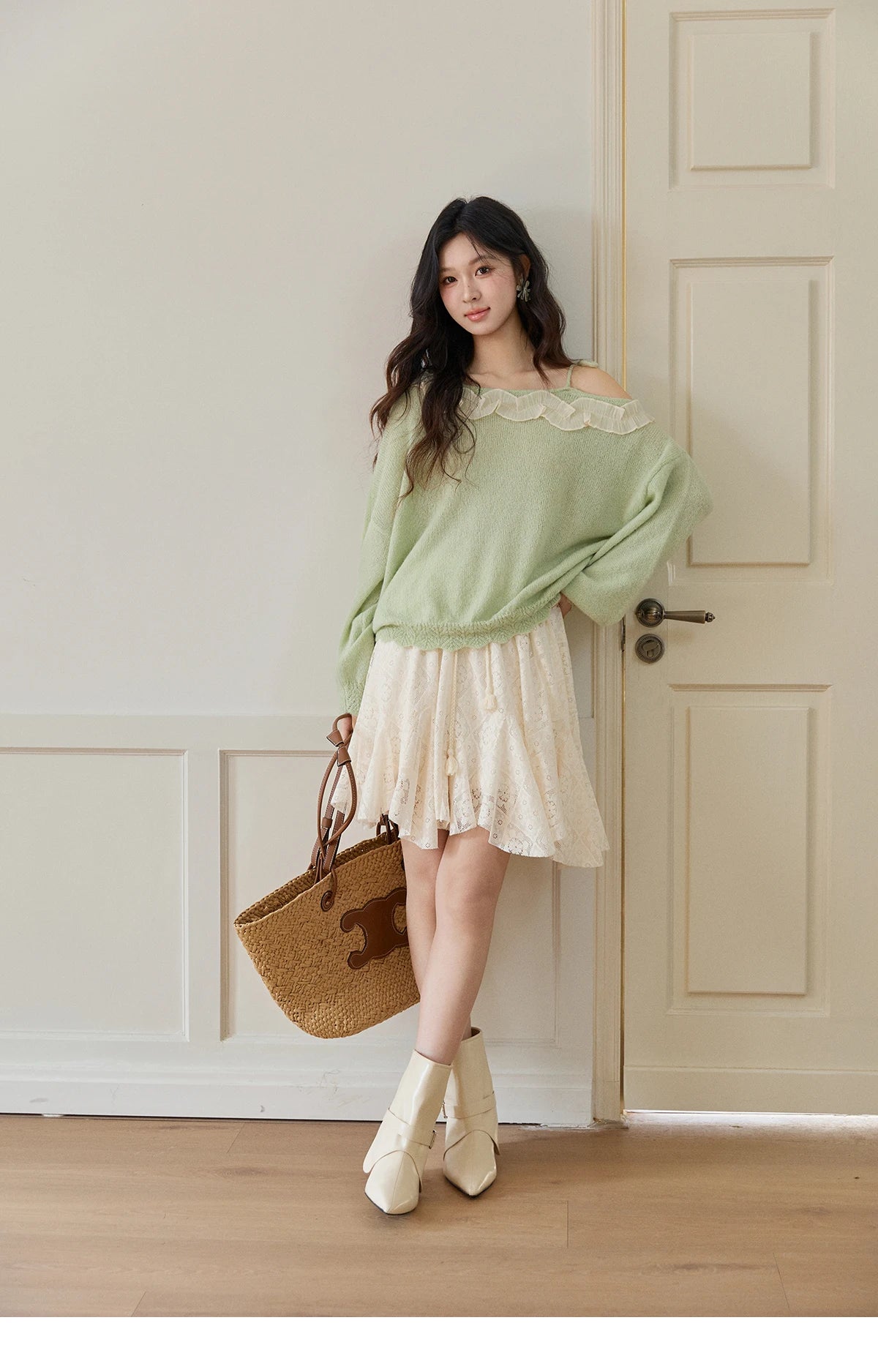 Mishow Light Green Asymmetrical Exposed Shoulder Top MXF108Z1027