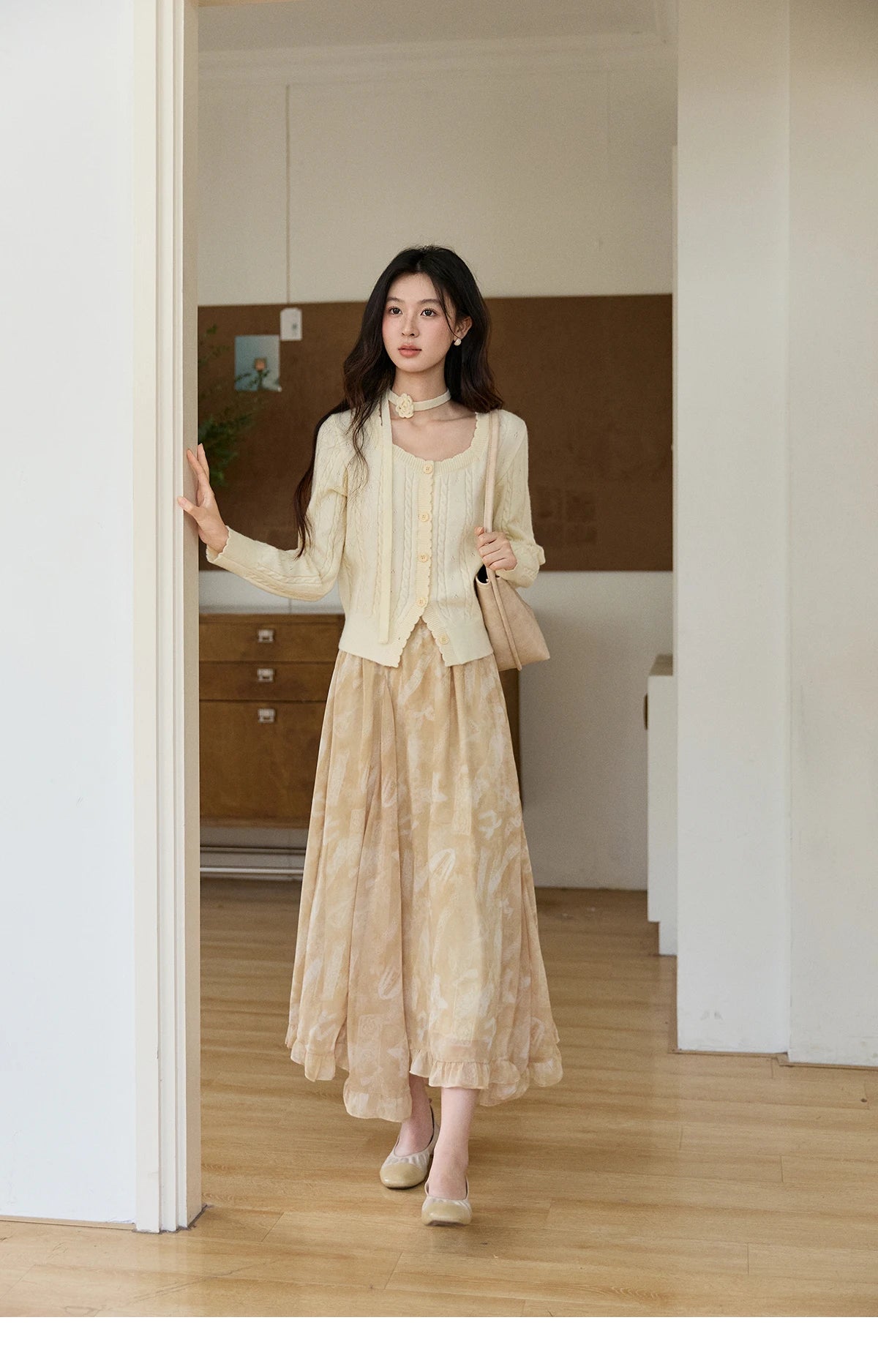 Mishow Beige Cable Knit Square Neck Cardigan MXF11Z2903