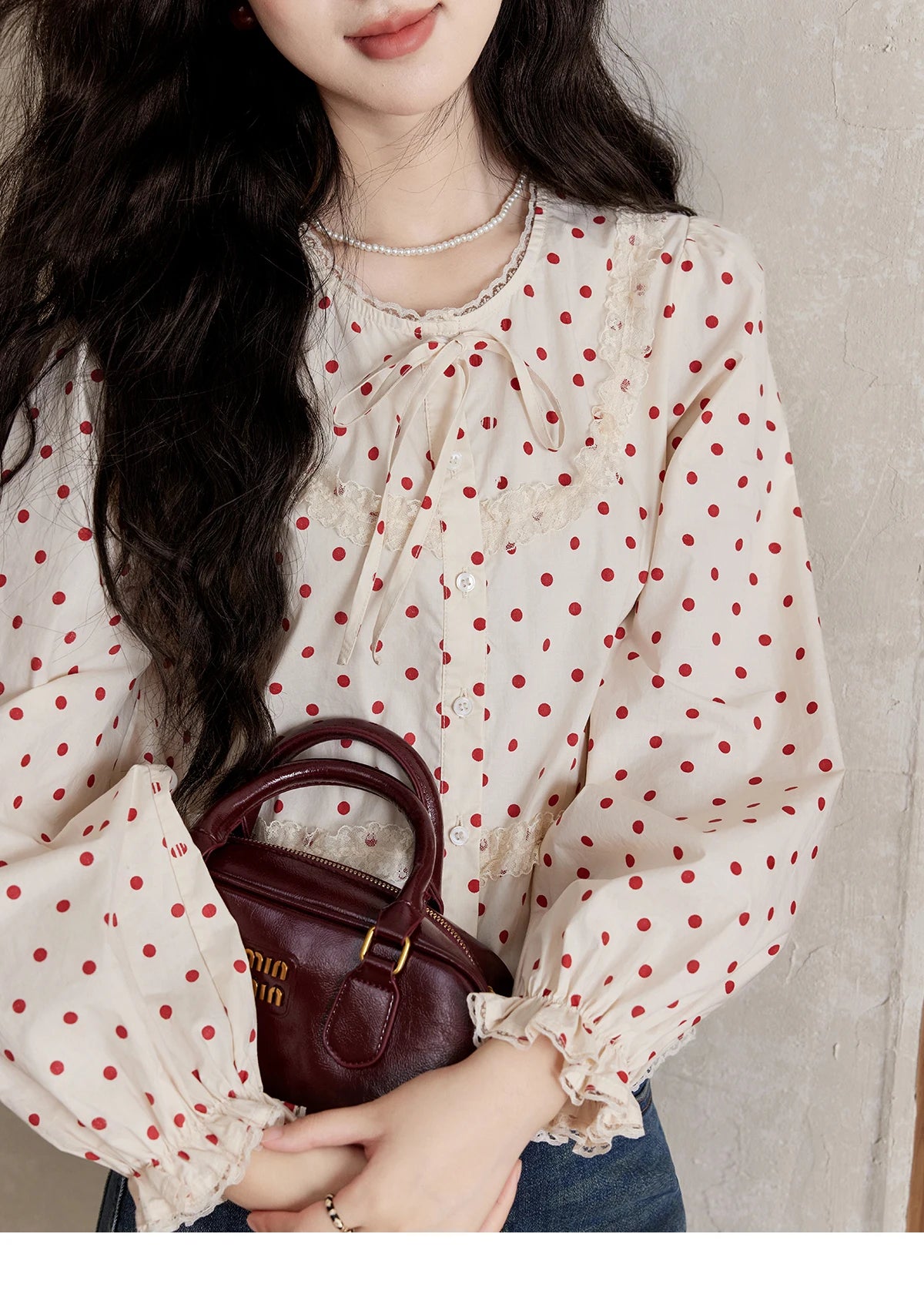 MISHOW Lace Up Polka Dot Round Neck Lace Shirt Elastic Petal Cuffs MXD44X1667
