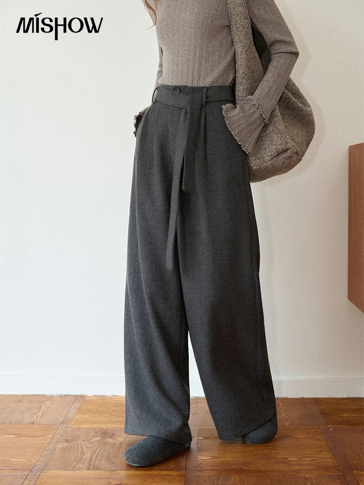 MISHOW Retro Gray Wide-Leg Pants Elastic Waist Warm MXE89K1099