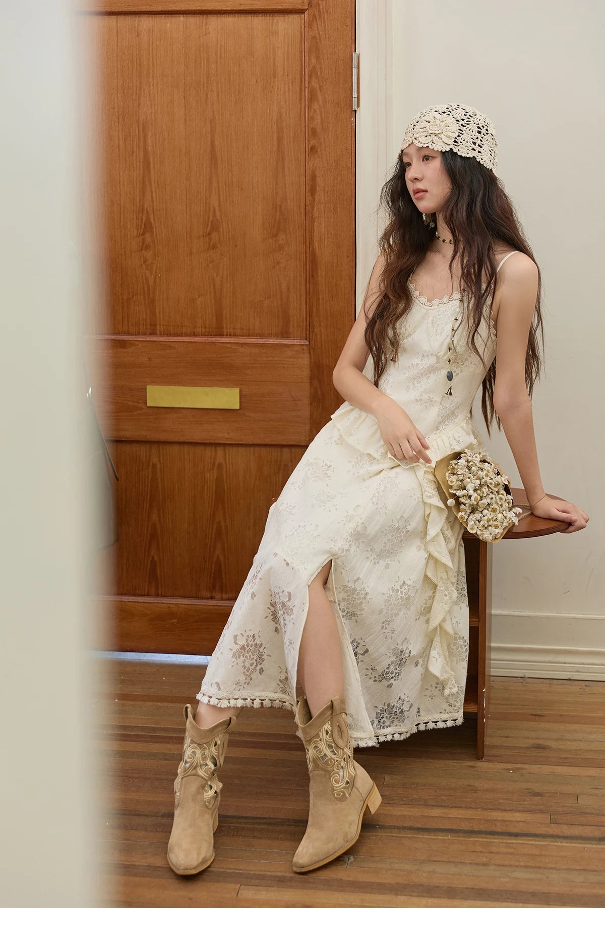 MISHOW Bohemian Apricot Lace Ruffle Tassel Dress MXE43L2449